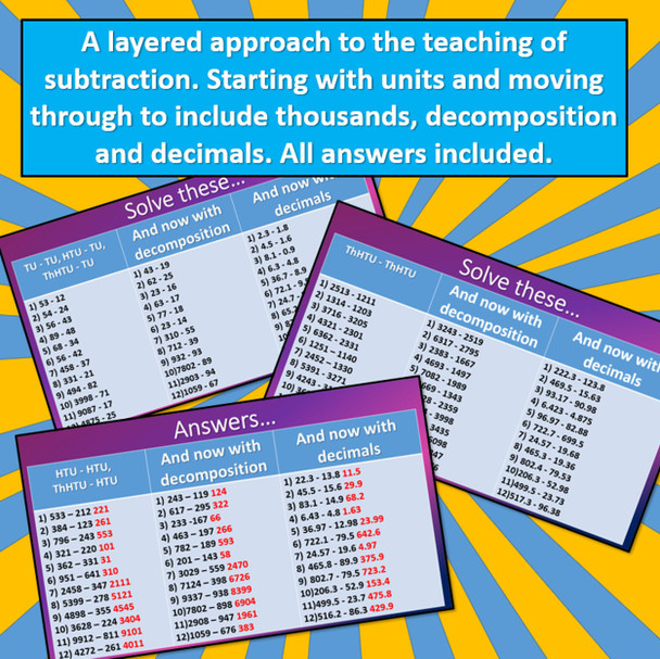 Subtraction - From Simple Questions to Mastery, including decimals