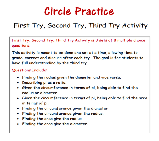 Circumference and Area of Circles: 1st Try, 2nd Try, 3rd Try
