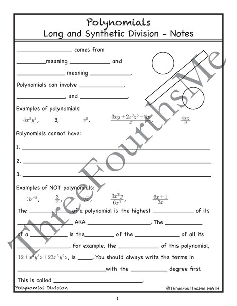 Polynomial Division (long and short) Notes, Classwork, and Homework