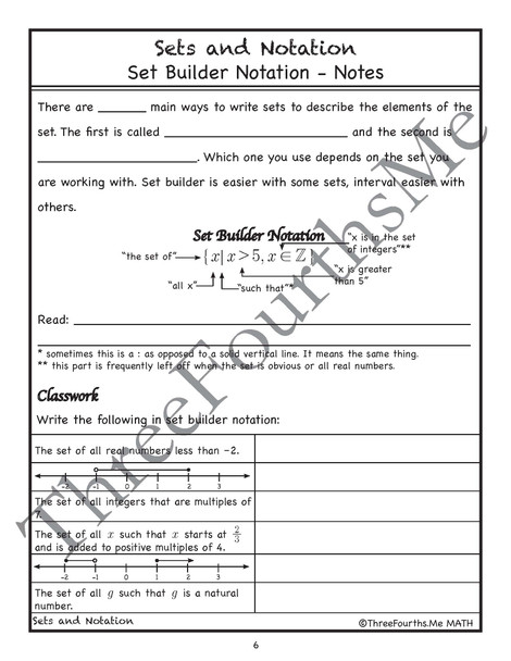 Sets and Notation Notes, Classwork, and Homework 