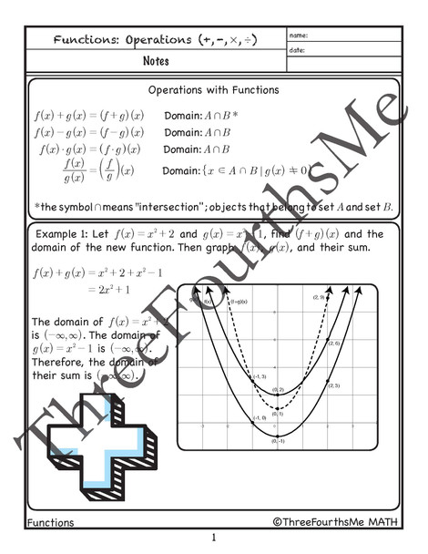 Function Operations (Addition, Subtraction, Multiplication, and Division): Notes, Classwork, and Homework