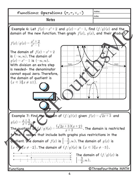 Function Operations (Addition, Subtraction, Multiplication, and Division): Notes, Classwork, and Homework