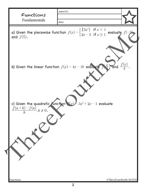 Review of Functions: Activity, Classwork and / or Homework