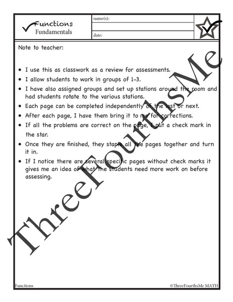 Review of Functions: Activity, Classwork and / or Homework