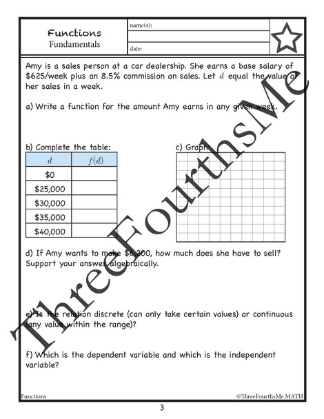 Review of Functions: Activity, Classwork and / or Homework