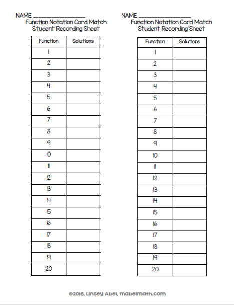 Function Notation Card Match