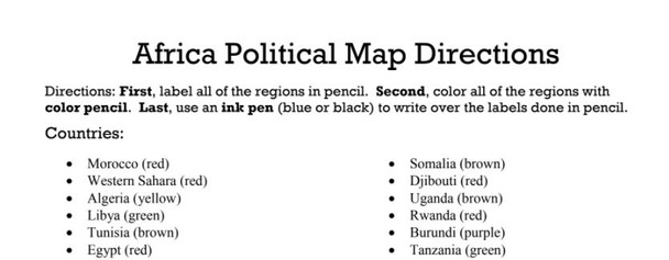 Africa: Political Map Directions Sheet