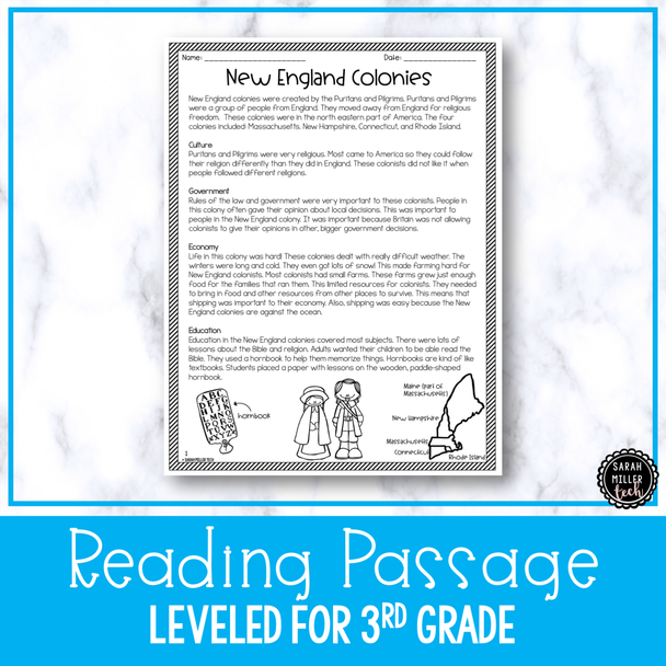 New England Colonies | Reading Activity Packet