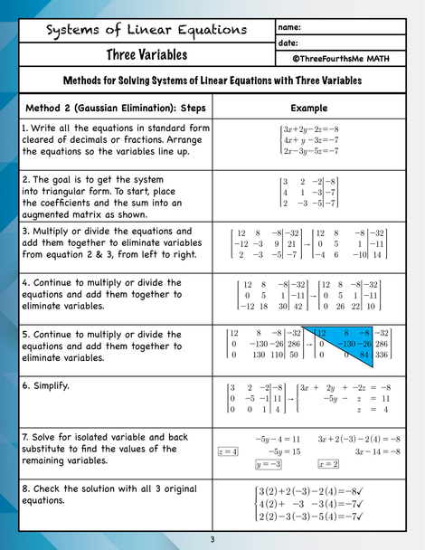 Systems of Equations: 3 Variables Scaffolded Notes