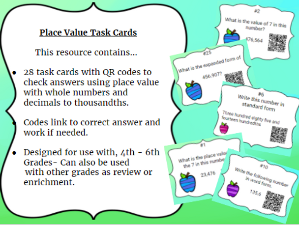 28 Whole Number & Decimal Task Cards-Standard, Word, Expanded Values w/QR Codes