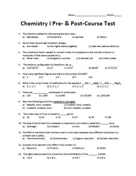 Chemistry I Pre- and Post-Course Test