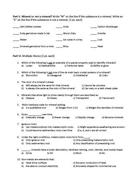 Minerals and Rocks Unit Test Series A and B for Middle School Science