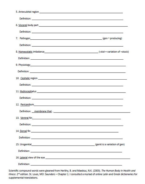 Latin Root Word Worksheet Set for Unit One Human Anatomy & Physiology