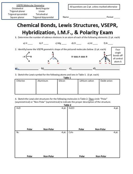 Chemistry Exam about Bonds, VSEPR, Hybridization, Polarity, Lewis Structures, IMF 