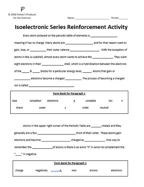 Isoelectronic Series and Analysis Worksheet Set for Chemistry