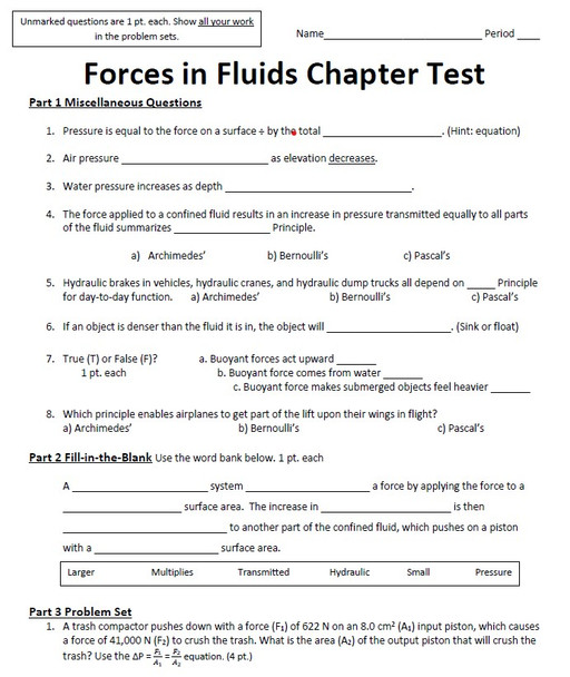 Forces in Fluids Test & Modified Test Set (Hydraulics, Density, Pressure, Force)