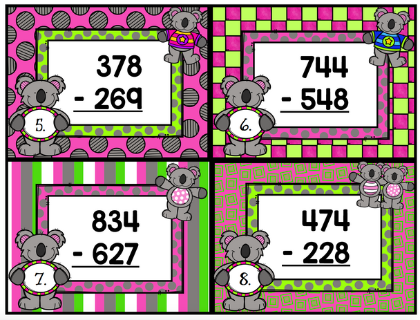 Triple Digit Subtraction Koala Scoot Task Cards