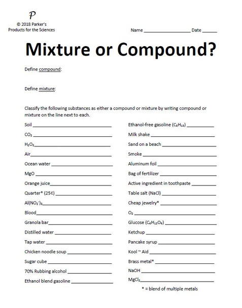 Mixtures, Compounds, and Solutions, oh My! Classification Worksheet