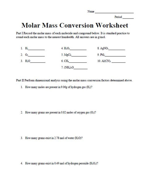Molar Mass Conversion Worksheet with a Key
