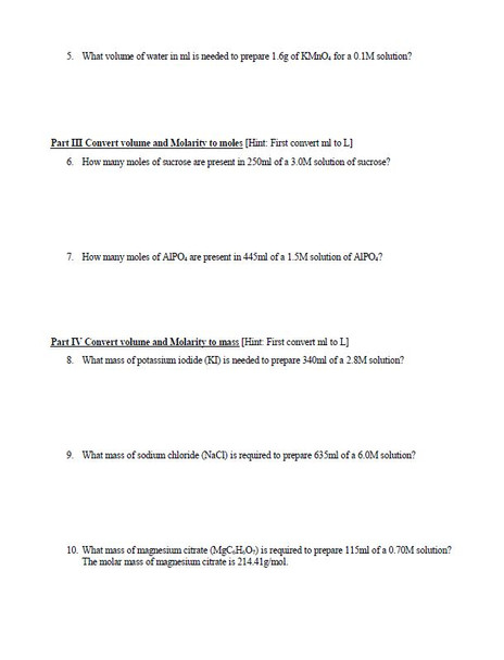 Molarity Conversion Problem Set with a Key