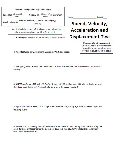 Speed, Velocity, Acceleration, and Displacement Test Set with a Key
