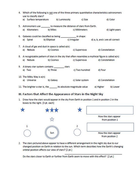 Stars and Galaxies Unit Exam