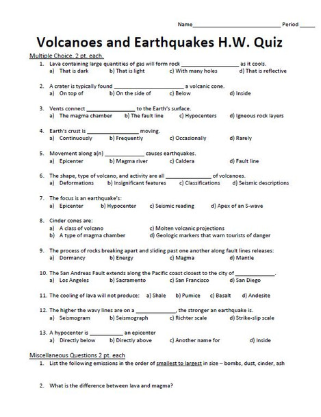 Volcanoes and Earthquakes Homework Quiz