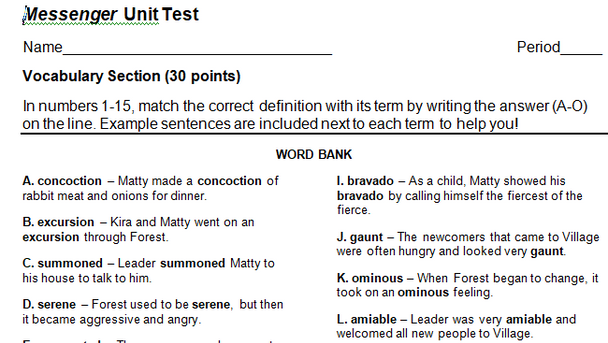 Messenger by Lois Lowry Unit Test with Answer Key