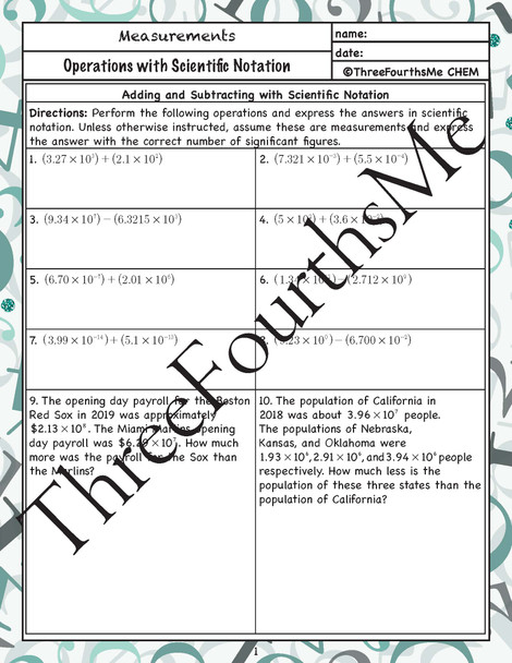 Operations with Scientific Notation Classwork / Homework