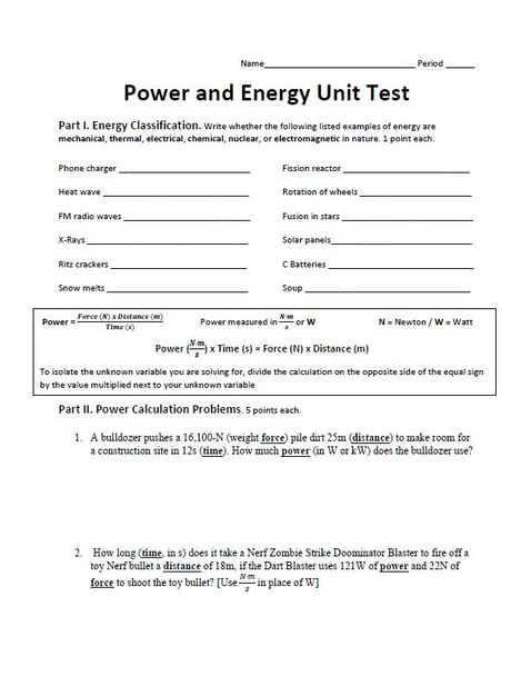 Energy and Power Unit Test 