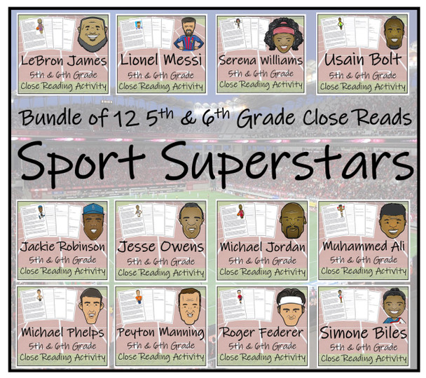 Sport Stars Bundle of 12 Close Reading Activities 5th Grade & 6th Grade