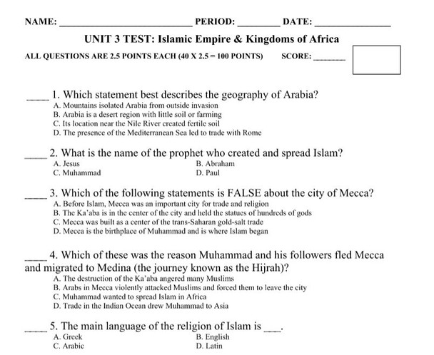 Unit 3 Test - Islam and Kingdoms of Africa