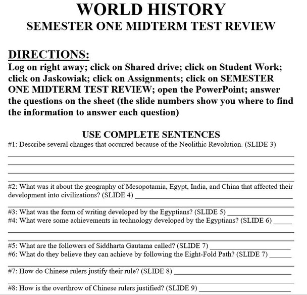 World History Fall Semester Exam Review