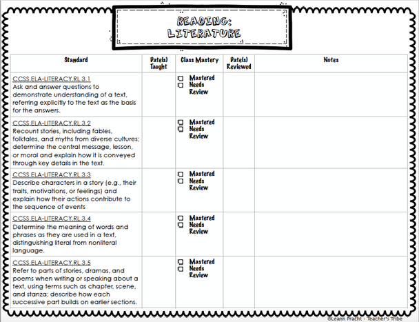 CCSS 3rd Grade Standards Teacher Checklist