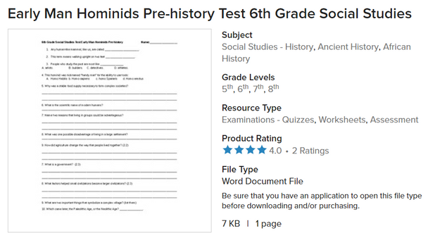 Early Man Hominids Pre-history Test 6th Grade Social Studies