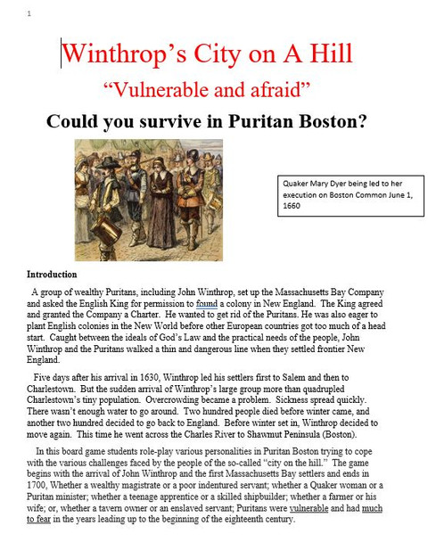 Could you survive in Puritan Boston? Board Game