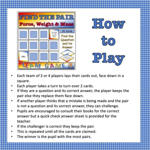 Forces, Weight and Mass Find the Pair Game for Middle School Science