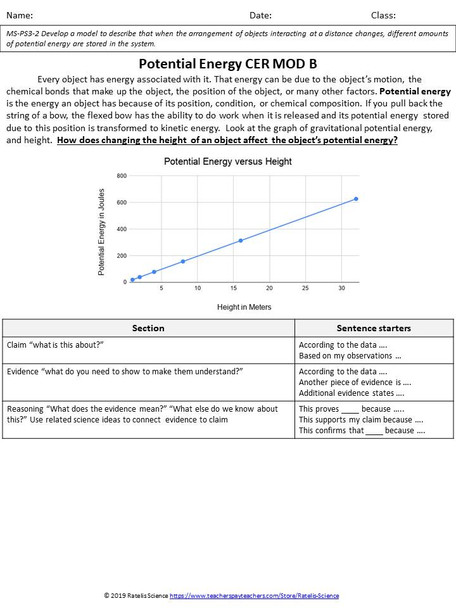 CER for NGSS Kinetic and Potential Energy MS-PS-3-1 and MS-PS-3-2 Writing Prompt