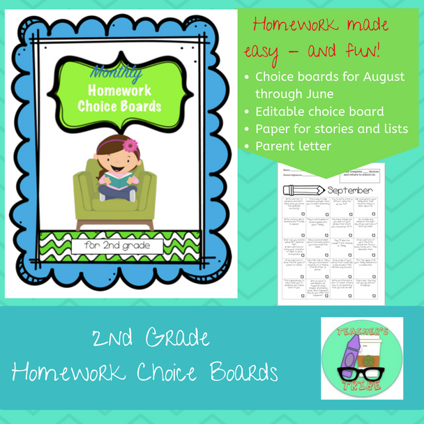 2nd Grade Homework Choice Boards for All Year