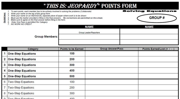 Solving Equations (All Types) Jeopardy! 30 Questions, 6 Categories