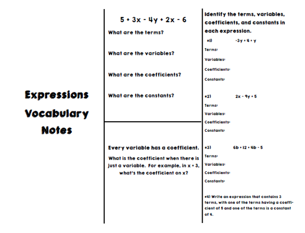 Expressions Vocabulary Notes for Interactive Notebooks
