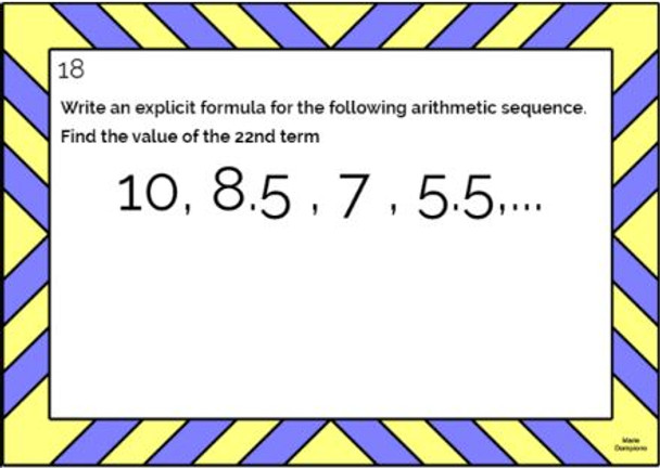 Arithmetic Sequences: Explicit and Recursive Formulas - 20 Task Cards