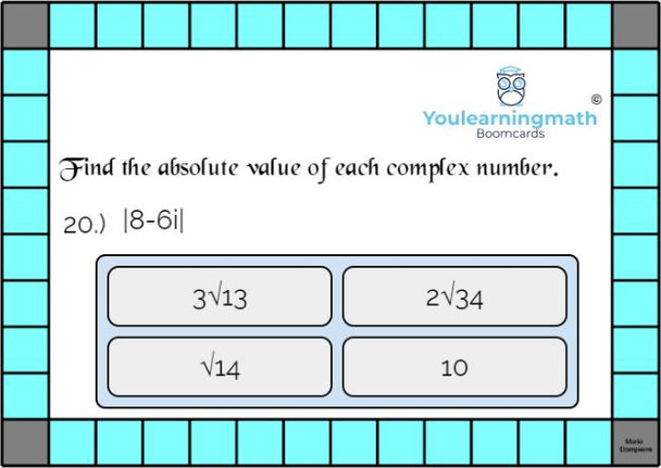 Finding the Absolute Value of Complex Numbers - Digital BOOM Cards - 20 Problems