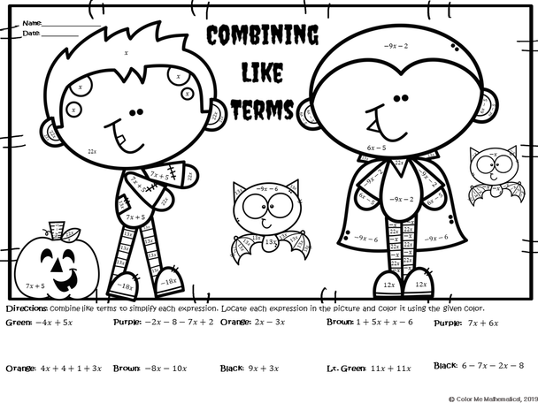 Halloween Basic Algebra - Combining Like Terms  Worksheet - Color by Number