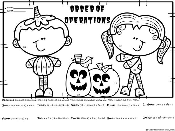 Halloween Basic Algebra - Order of Operations Worksheet - Color by Number