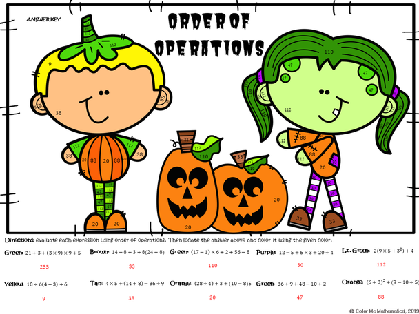 Halloween Basic Algebra - Order of Operations Worksheet - Color by Number