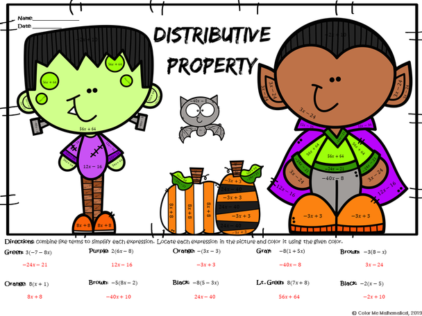 HALLOWEEN Basic Algebra - Distributive Property Worksheet - Color by Number