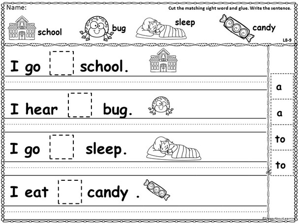 Sentence Fill-In practice sheets with picture cues. Cut and glue activity