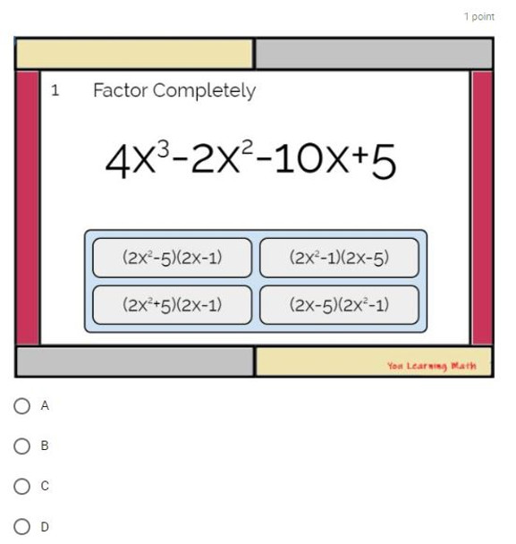 Factoring by Grouping: Google Forms Quiz - 20 Problems