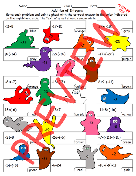 Addition and Subtraction of Integers Halloween